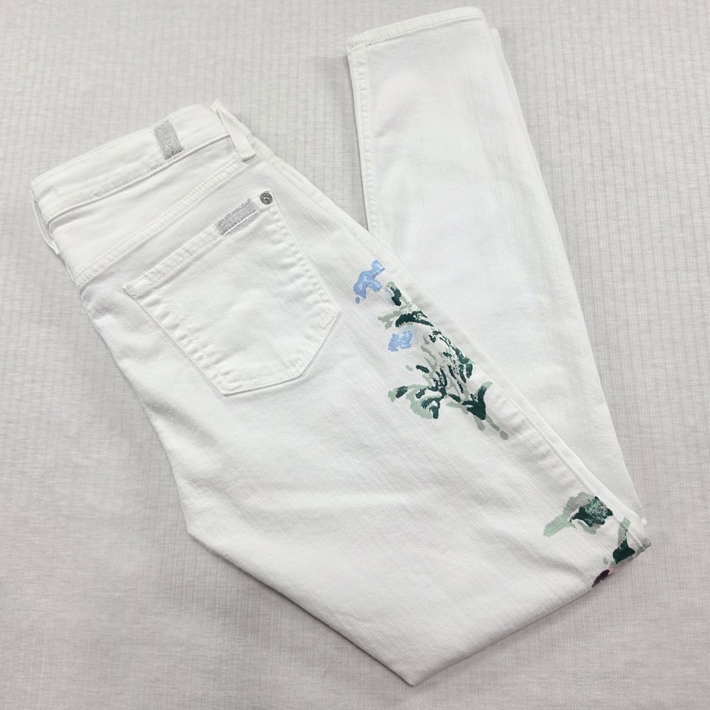 7 For All Mankind White Floral Painted Skinny Jeans Size 26 Cottagecore Coquette